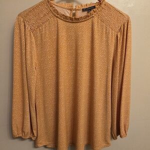 Adrianna Papell Mustard Dot Smocked-Yoke Long Sleeve Blouse